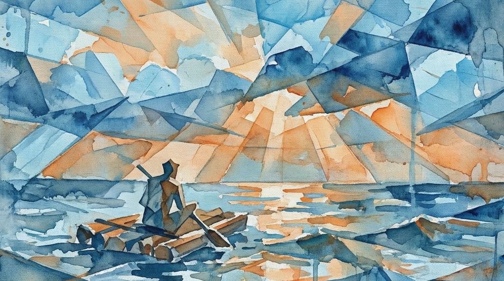 A watercolor painting in blues and oranges shows a lone survivor on a raft enduring the vast ocean.