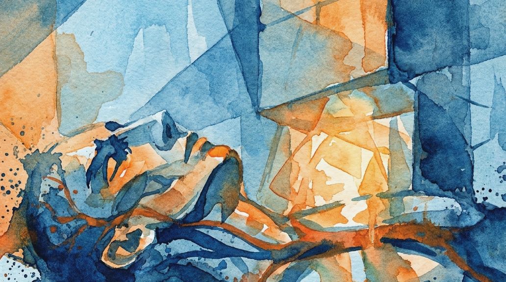 Watercolor illustration showing the path of an aberrant subclavian artery in blue and orange.