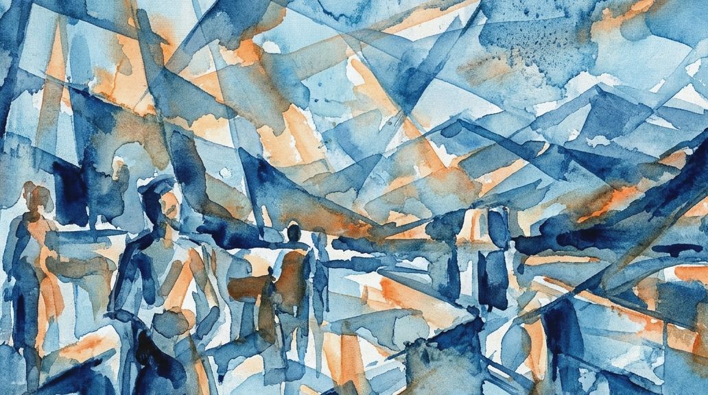 An abstract watercolor in blue and orange shows mountains and figures without clear definition.