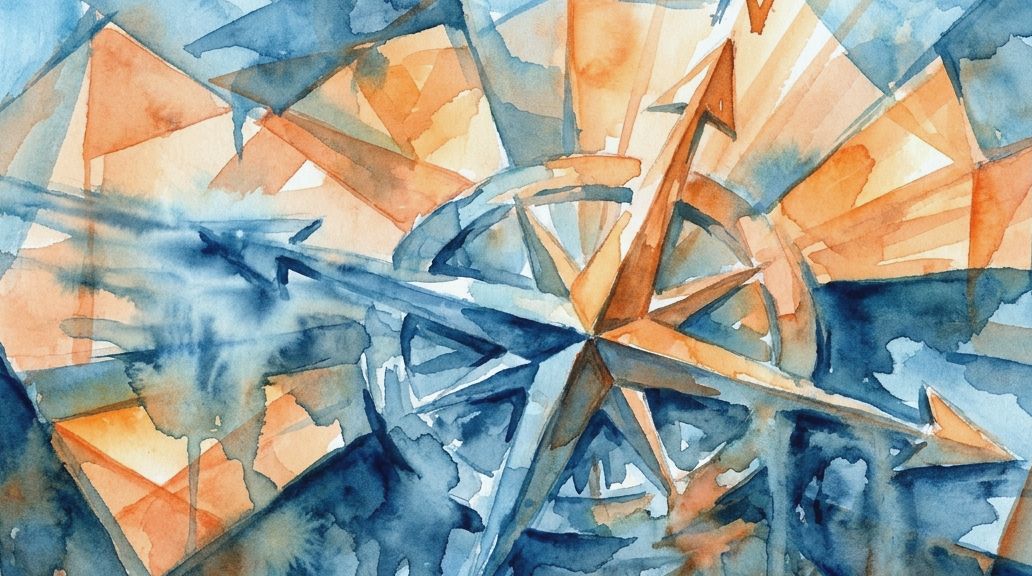 A watercolor compass rose in deep blues and oranges points North, representing absolute direction.
