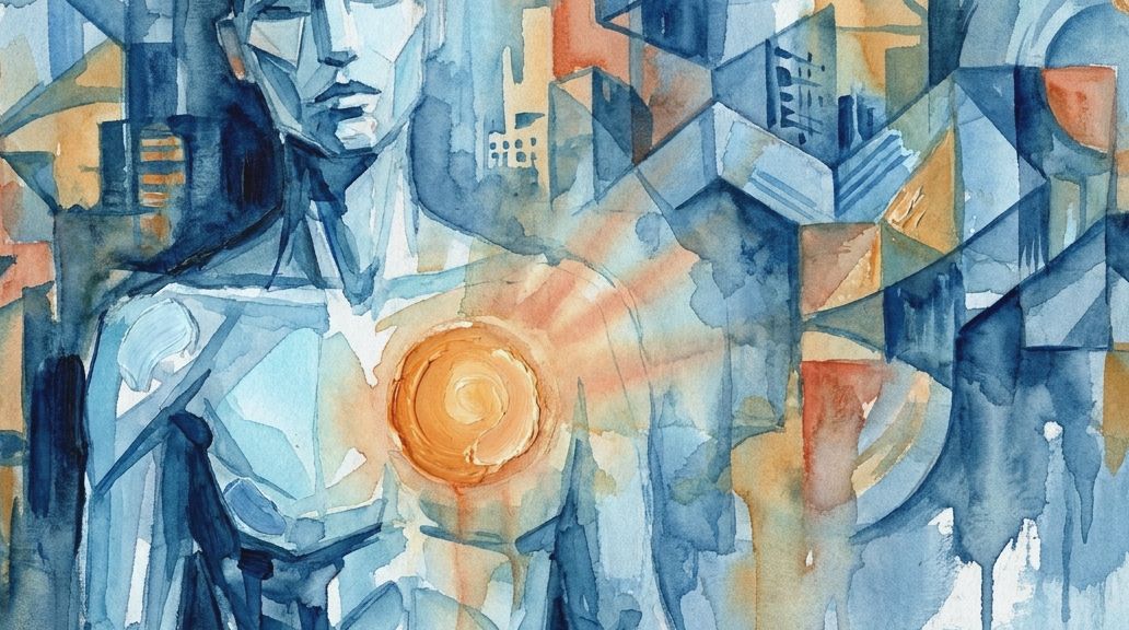 A watercolor painting in blues shows a figure with a glowing orange disk centered on the chest.