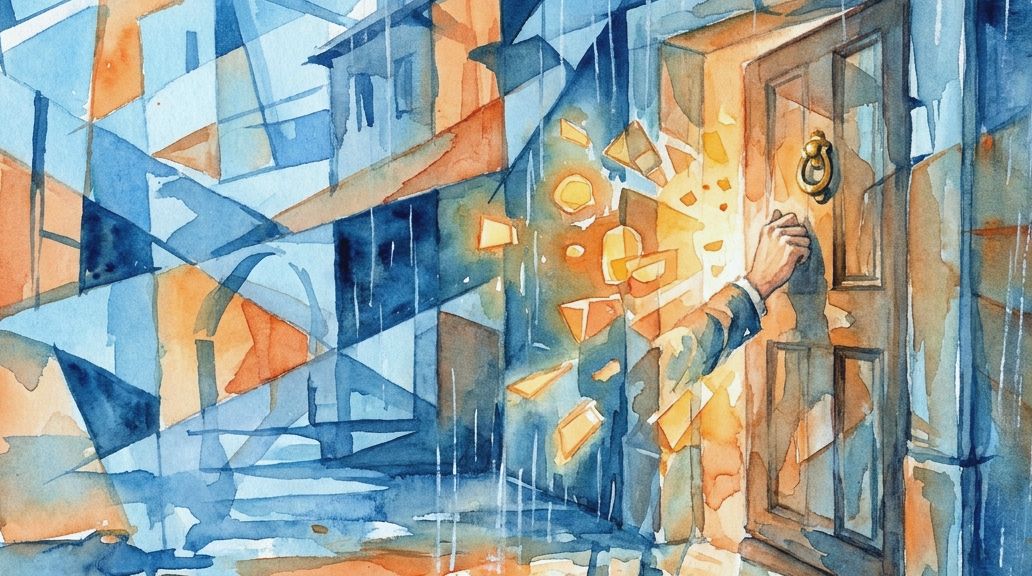A hand knocks on a door in a blue and orange watercolor, releasing a burst of light and shapes.