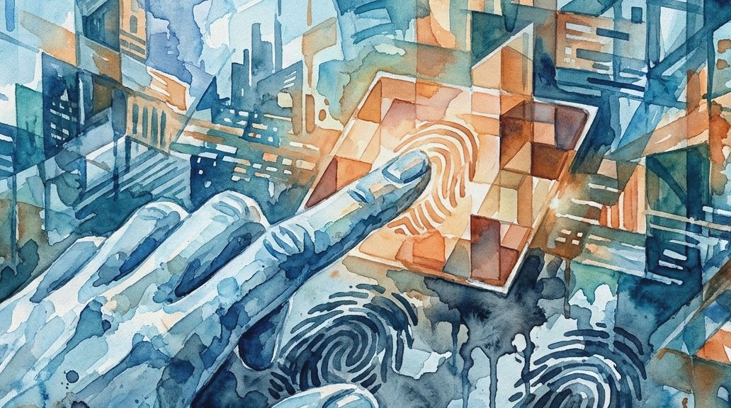 A watercolor in blues and oranges shows a hand on a fingerprint pad above dark, indistinct whorls.
