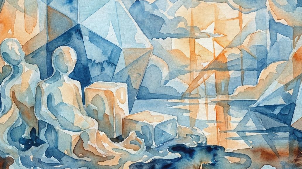 Two waxy figures are rendered in a blue and orange watercolor painting, suggesting corpse wax.