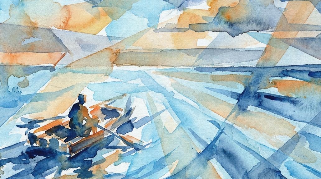 Watercolor showing a lone figure adrift in a boat, rendered in shattered planes of blue and orange.