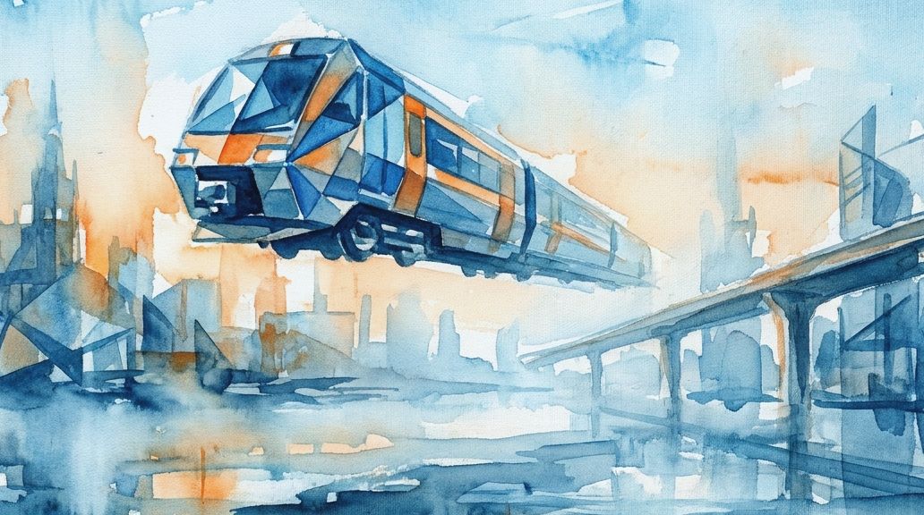 A watercolor painting depicts an aerotrain hovering above water in shades of blue and orange.