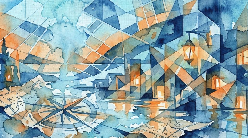 Abstract watercolor in blues and oranges shows a compass and maps defining a non-existent town.