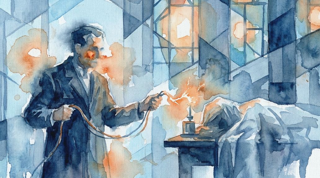 A watercolor in blue and orange tones depicts a man applying electrical sparks to a shrouded body.