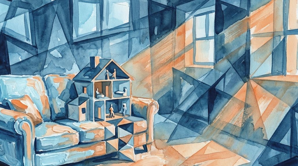 A fragmented watercolor in blues and oranges shows a tiny dollhouse on a large sofa, evoking.