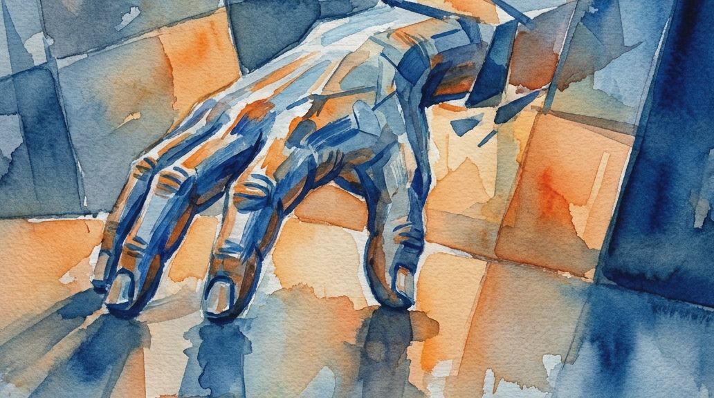Watercolor painting in blues and oranges of an autonomous hand representing alien hand syndrome.