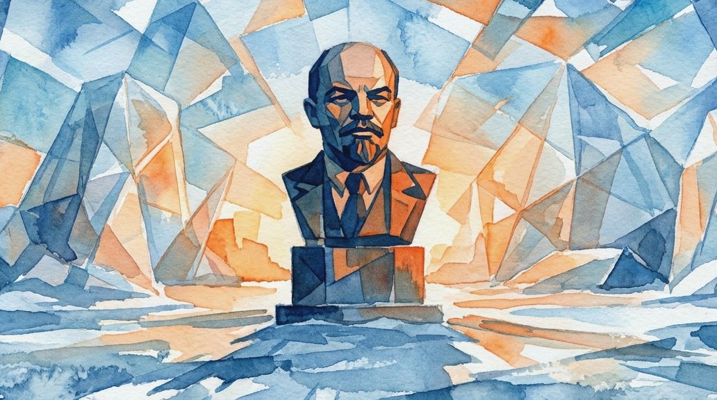 A watercolor painting shows a bust of Lenin situated in a landscape of blue and orange icy planes.