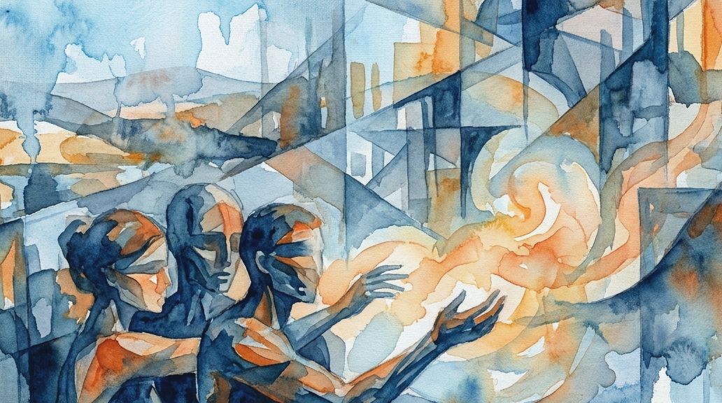 A watercolor of blindfolded figures reaching for glowing light, symbolizing Anton syndrome's denial.