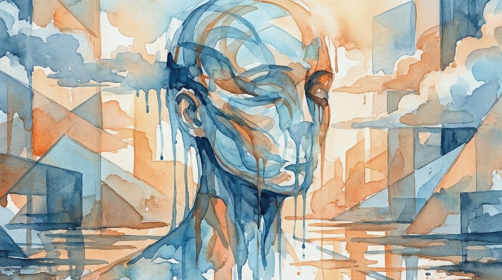 A watercolor painting of a dissolving human head in blues and oranges, representing aphantasia.