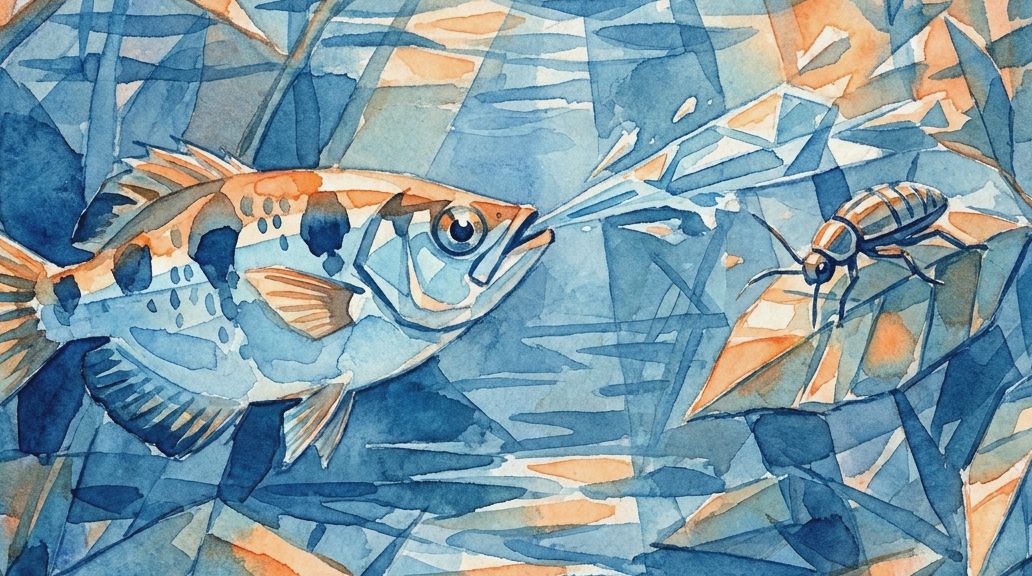A blue and orange watercolor painting of an archerfish spitting a water jet at a beetle on a leaf.