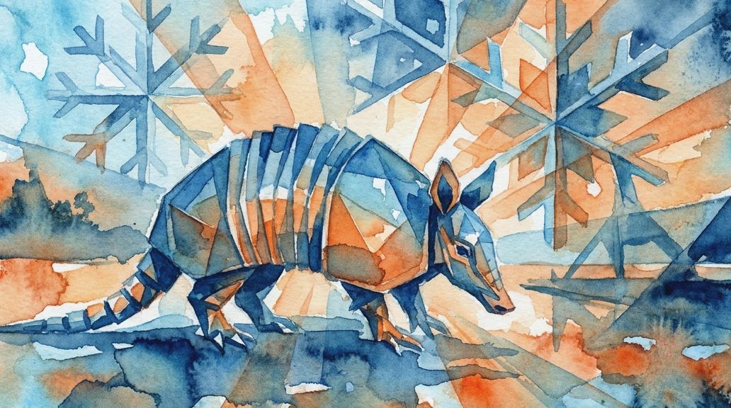 A watercolor illustration in blues and oranges depicts a single armadillo related to the.