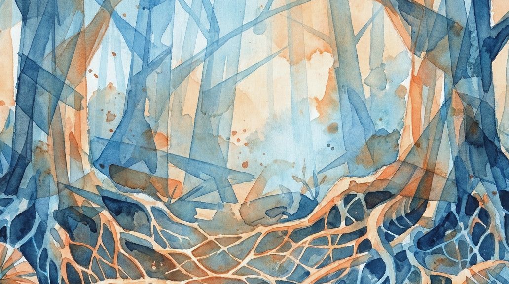 Layered watercolor painting of a blue forest with tangled orange roots and armillaria fungus.