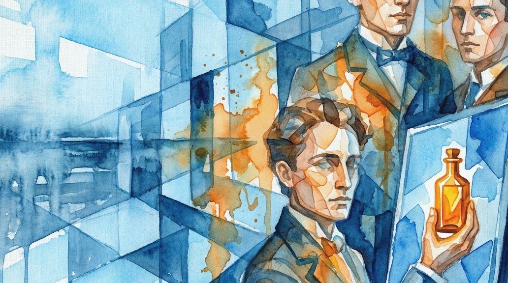 A watercolor painting in blues and oranges shows three men, one holding a bottle for complexion.