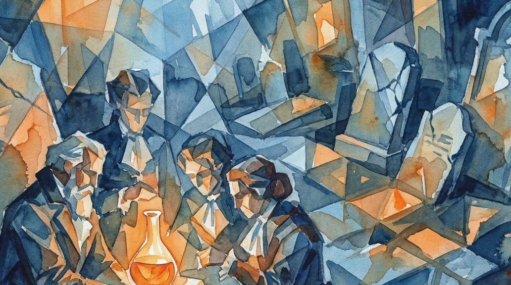 A watercolor painting shows four people in a graveyard around a glowing flask, suggesting arsenic.