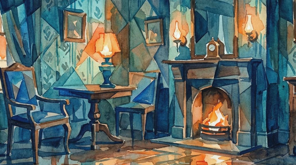 A watercolor interior scene shows arsenic green wallpaper and warm orange light from a fire.