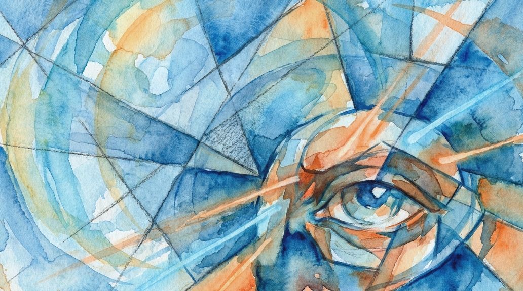A watercolor painting of an eye facing fractured blue and orange light flashes, like an astronaut.