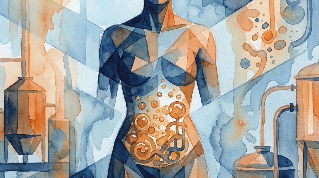 Blue and orange watercolor shows a stylized figure with fermentation tanks inside the stomach area.