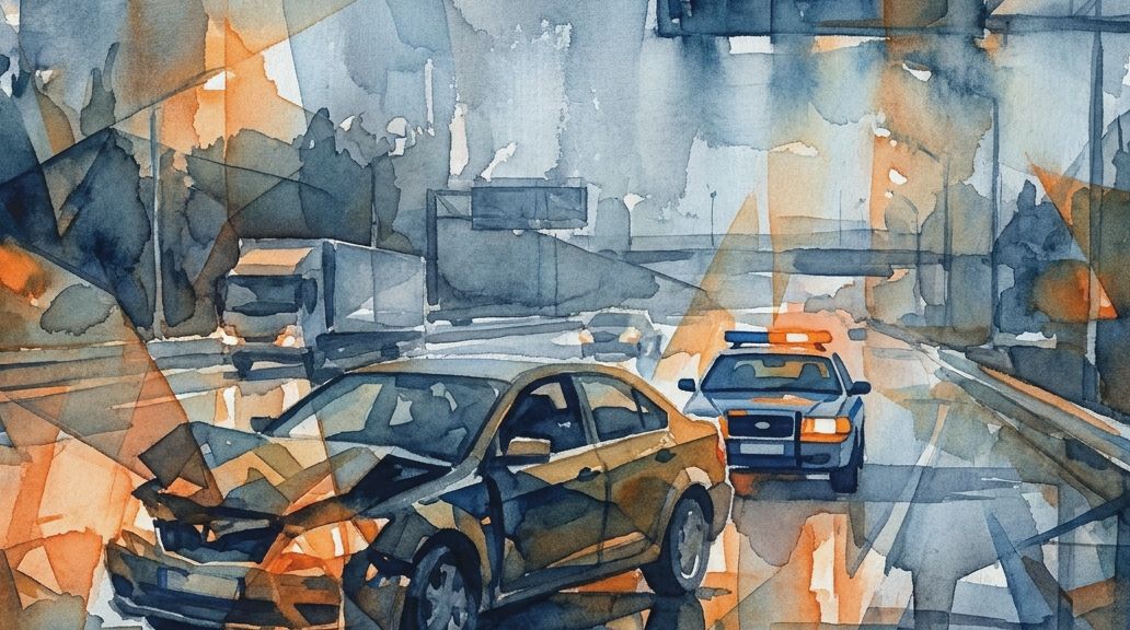 A watercolor of a yellow car stopped on the highway with a police car behind, in blue and orange.