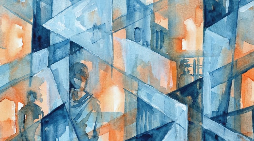 Watercolor in blues and oranges shows fragmented figures and structures, implying hidden meanings.