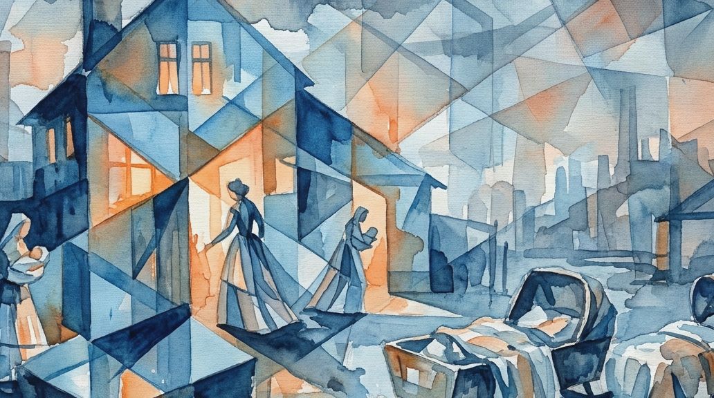 Fragmented blue and orange watercolor depicts women with babies and prams outside a glowing house.