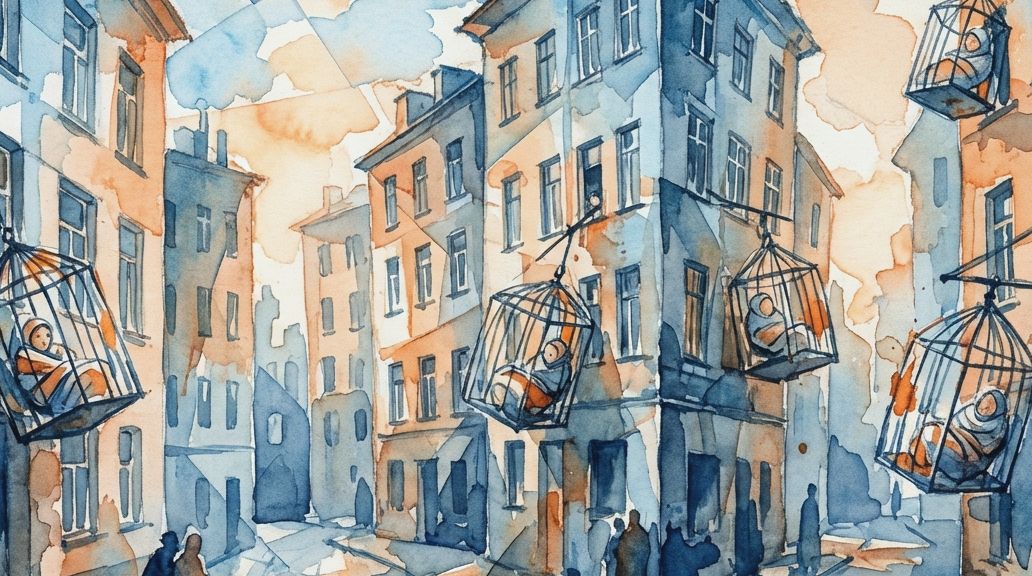 A blue and orange watercolor shows cages holding babies hanging from windows over a street.