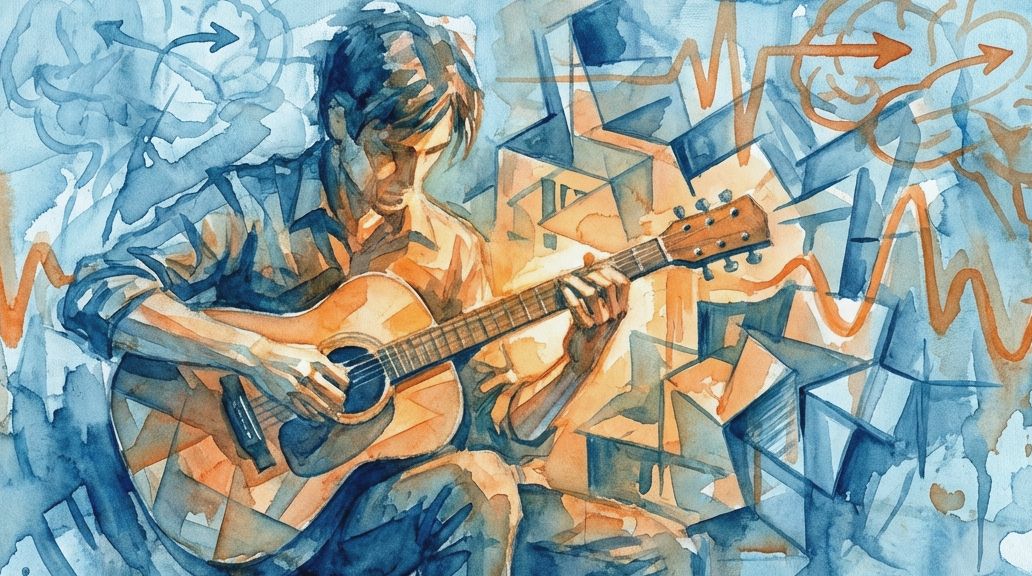 A blue and orange watercolor of a man playing guitar with brain and sound wave motifs.