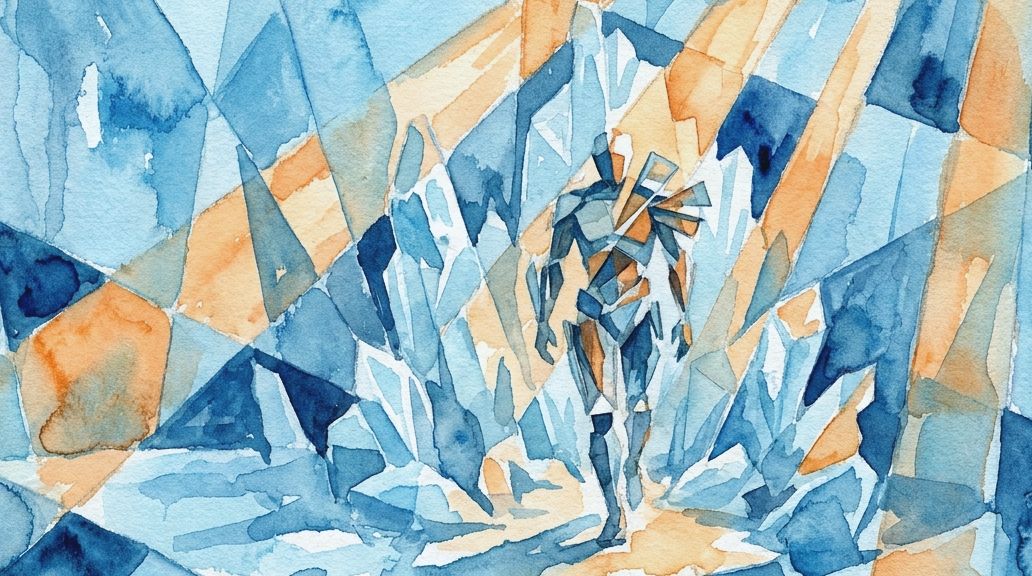 A faceted watercolor shows a figure surviving in a frozen world of blue ice and orange light.