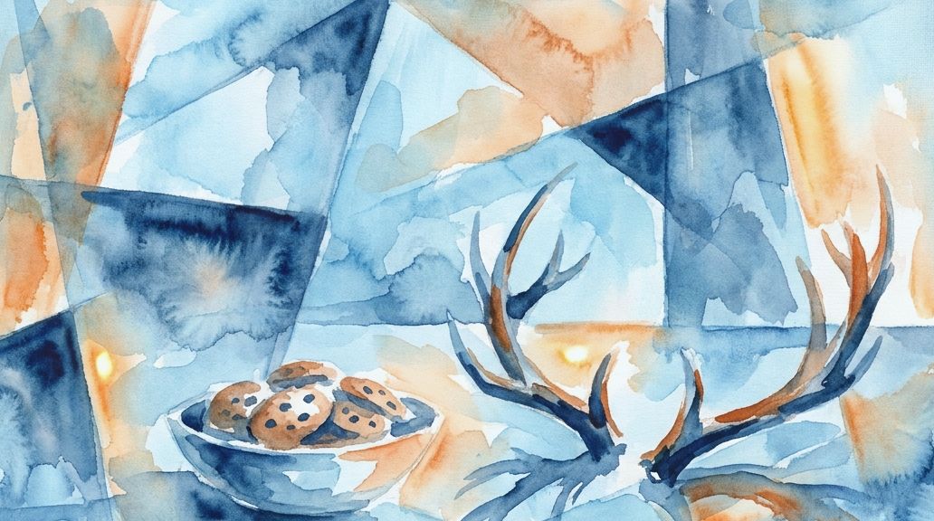 A blue and orange watercolor painting depicts a bowl of baked cookies resting beside deer antlers.