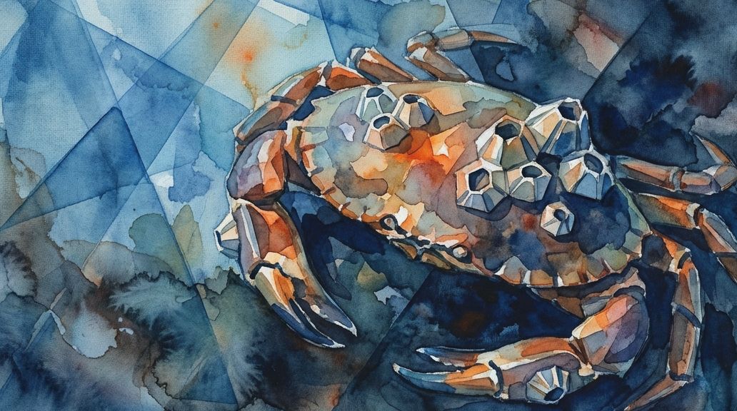 A watercolor painting of an orange crab with barnacle parasites on its shell in blue and dark tones.