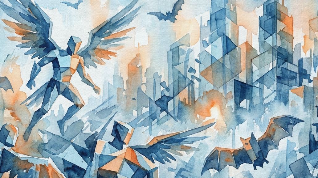 A blue and orange watercolor shows bats and winged figures over a fragmented, fiery city landscape.