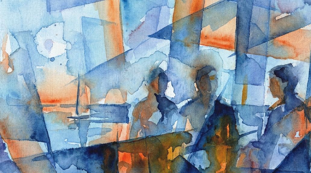 A watercolor painting in blues and oranges shows a group of children with their parents.