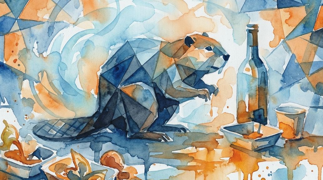 A fragmented blue and orange watercolor depicts a beaver with bottles and bowls for castoreum.