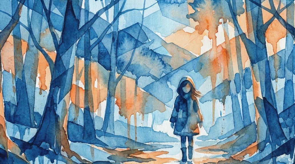 A watercolor painting in deep blues and oranges shows a lone figure walking into a dense forest.