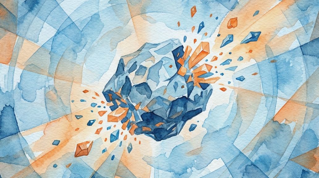 A watercolor painting of a blue rock ejecting orange and blue fragments with radiating lines.