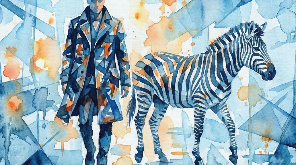 A man and a zebra are depicted in a fragmented watercolor style using blue and orange colors.