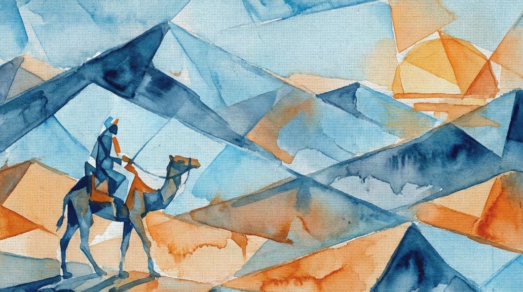 A stylized watercolor in blues and oranges shows a camel rider crossing the arid Bir Tawil.