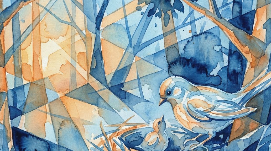 A watercolor painting shows a bird with its chick in a nest, within abstract blue and orange woods.