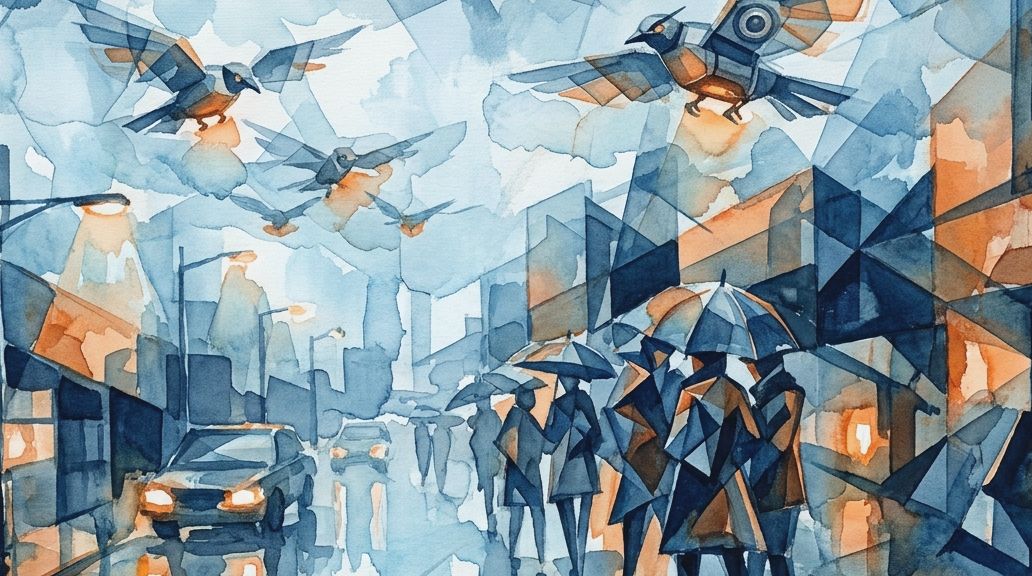 Stylized birds are shown flying over a rainy city street in a blue and orange watercolor painting.