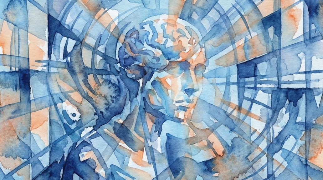 A watercolor of a brain and head with radiating lines, representing the blindsight phenomenon.