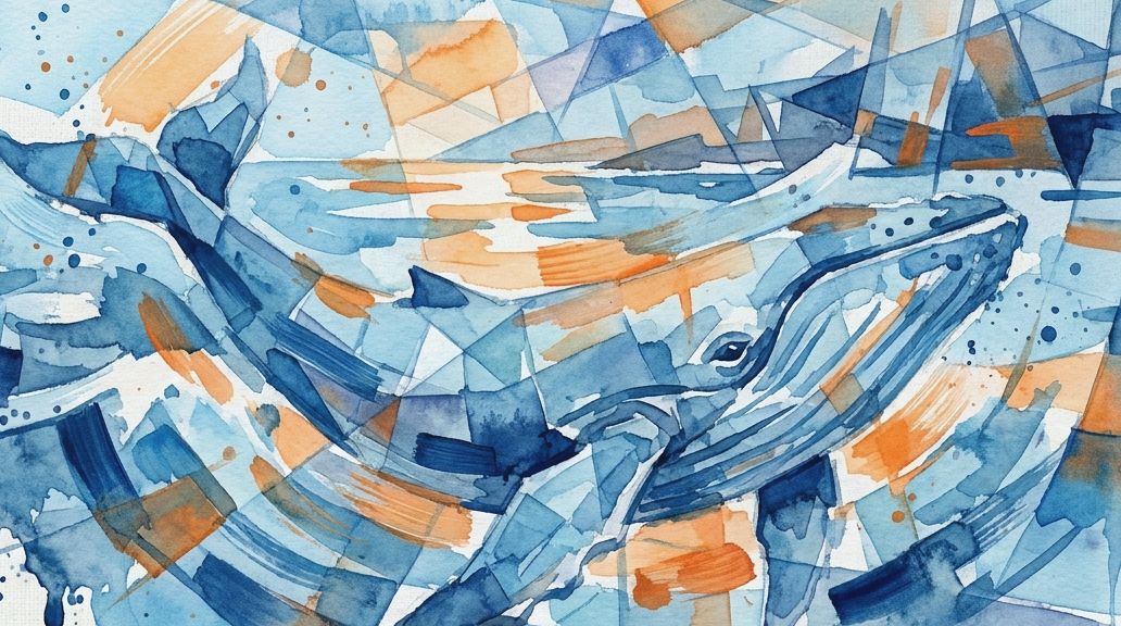 An abstract watercolor painting displays a blue whale amidst fragmented blue and orange ocean waves.