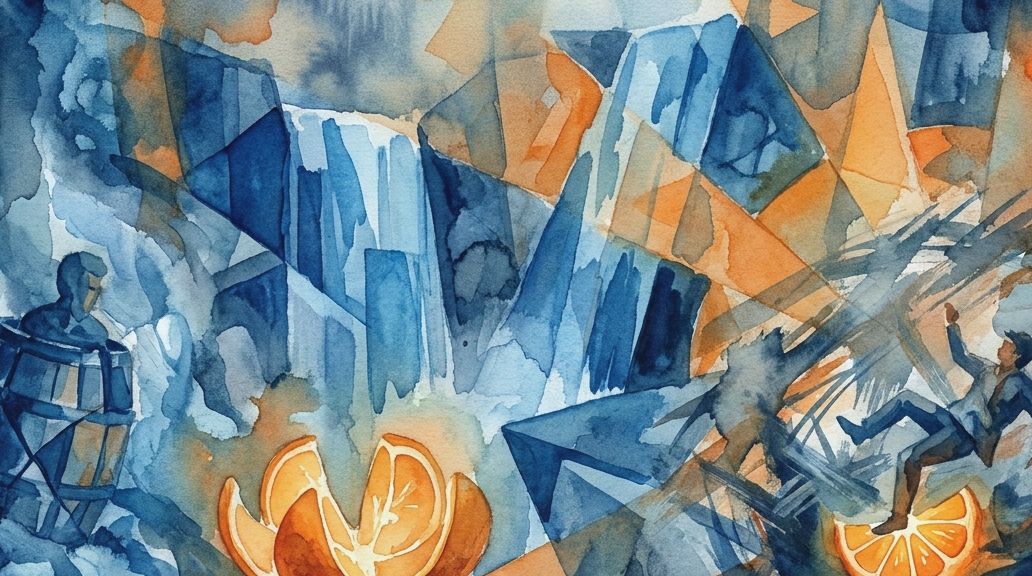 A blue and orange watercolor depicts a barrel rider near a waterfall and a man falling by an orange.