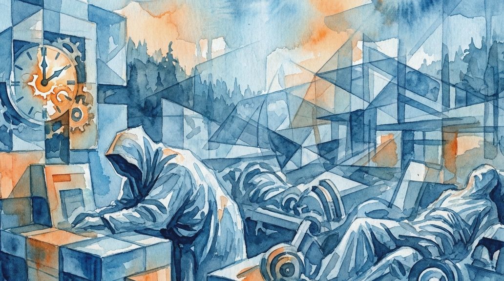 A blue and orange watercolor shows a researcher monitoring forms at a body farm facility.