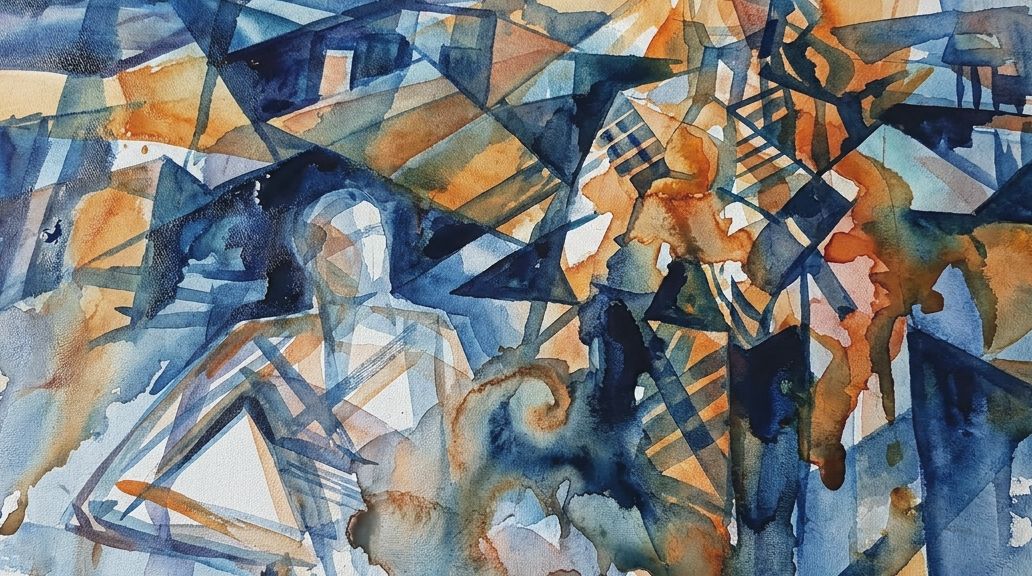 Fragmented blue and orange watercolor washes suggest a human figure with distinct body parts.