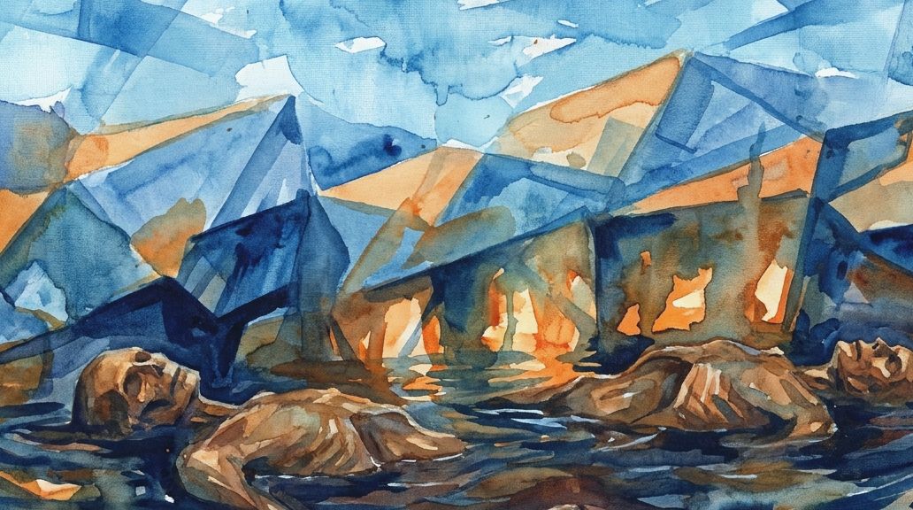 A watercolor depicts two preserved bog bodies floating in dark blue and orange, fragmented terrain.