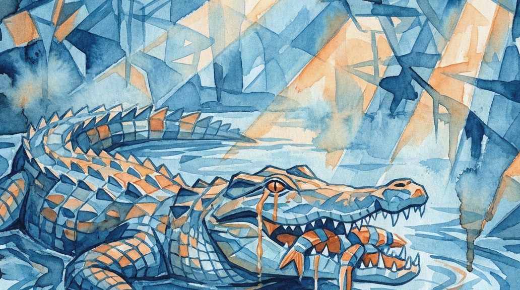 A blue and orange watercolor painting of a crocodile crying tears while eating fish in water.