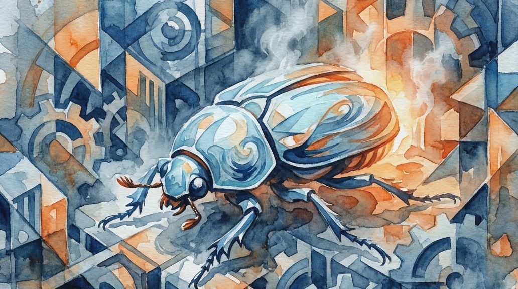 A watercolor painting in deep blues and oranges shows a bombardier beetle ejecting a cloud of steam.